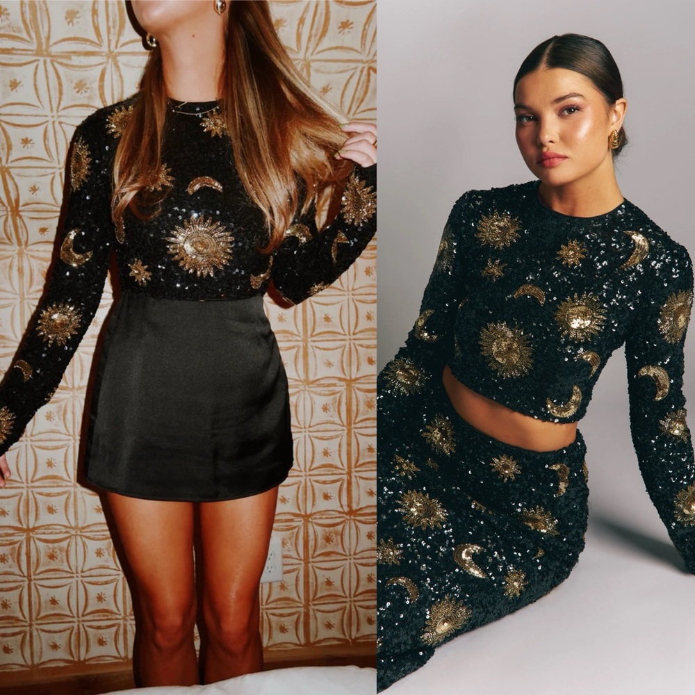 Show Me Your MuMu Black Sequin Moon & Sun Embroidered Long Sleeve Top